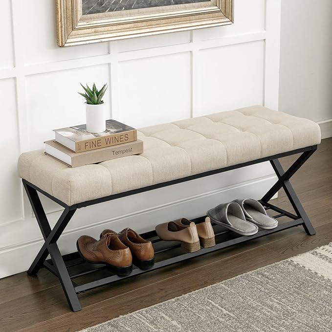 LUE BONA 44.5” End of Bed Bench with Shelf, Linen Tufted Upholstered Storage Shoe Bench, Modern... | Amazon (US)