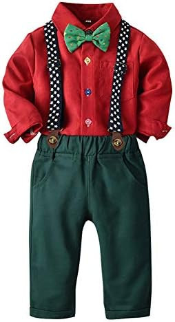 IDOPIP Toddler Kids Baby Boys 1st Christmas Outfit Gentleman Striped Shirt with Bowtie +Long Susp... | Amazon (US)