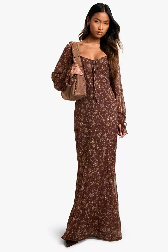 Ditsy Floral Crinkle Chiffon Milkmaid Maxi Dress | boohoo (US & Canada)
