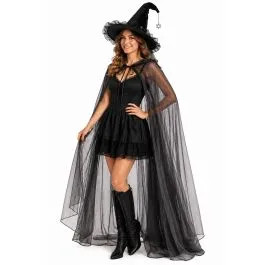 Bowknot Witch Hat and Hooded Tulle Cloak Set in Black for Halloween Dress-Up & Cosplay Parties | Chicwish