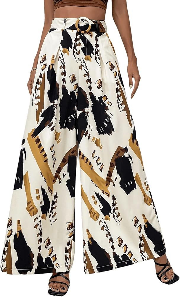 SweatyRocks Women's High Waist Belted Pockets Pants Graphic Print Wide Leg Loose Palazzo Pants Tr... | Amazon (US)