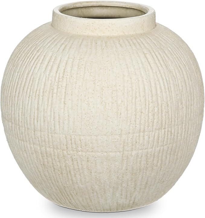 9" Large Rustic Vase with Linear Sculpture and Rich Sand Texture, Round Ceramic Vase with Wide Be... | Amazon (US)