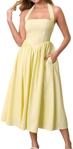 Parthea Women's Summer Halter Corset Midi Dress 2025 Elegant Smocked Flowy Wedding Guest Dresses ... | Amazon (US)