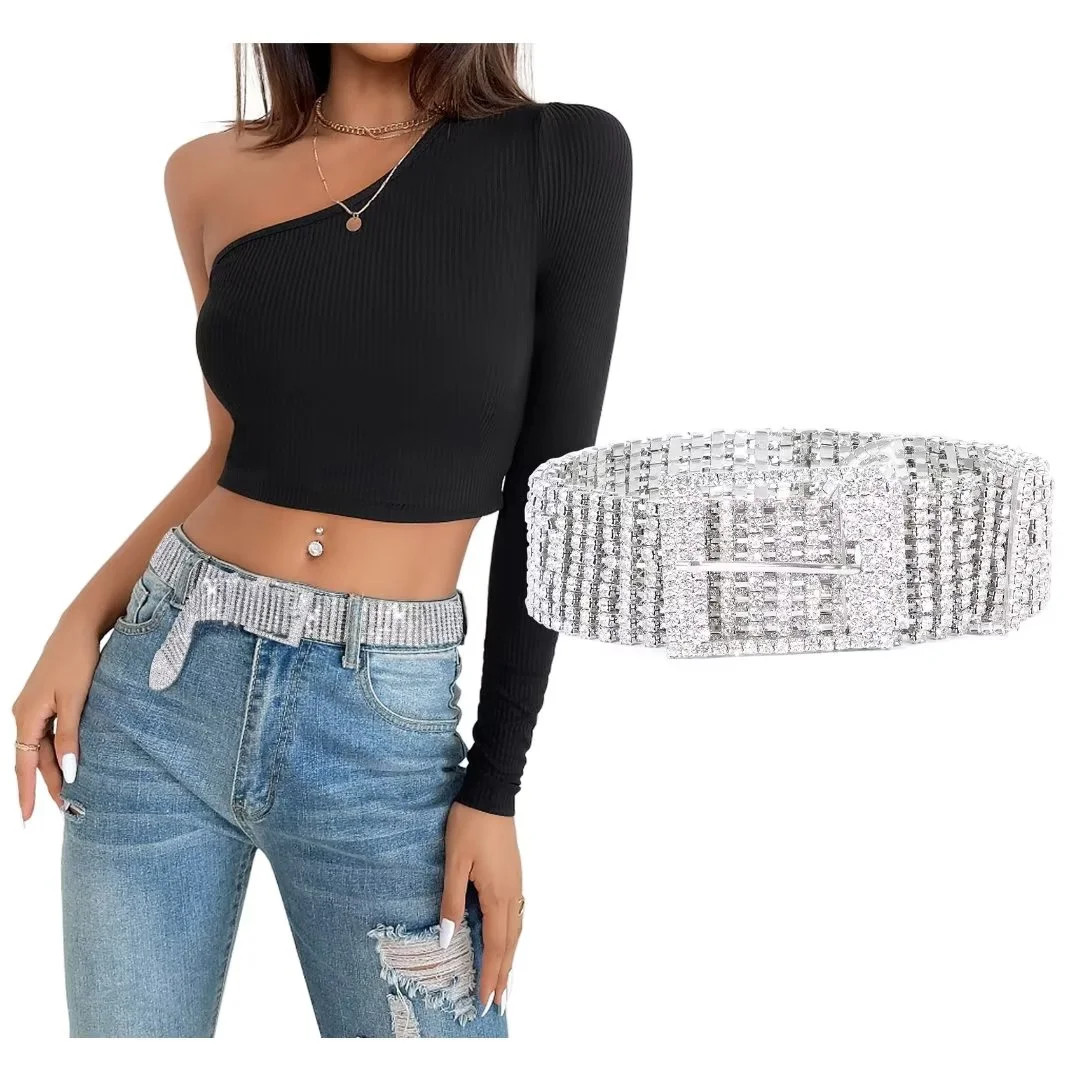 JASGOOD Women Chain Waist Belt Silver Sparkle Rhinestone Belts for Party Club | Walmart (US)