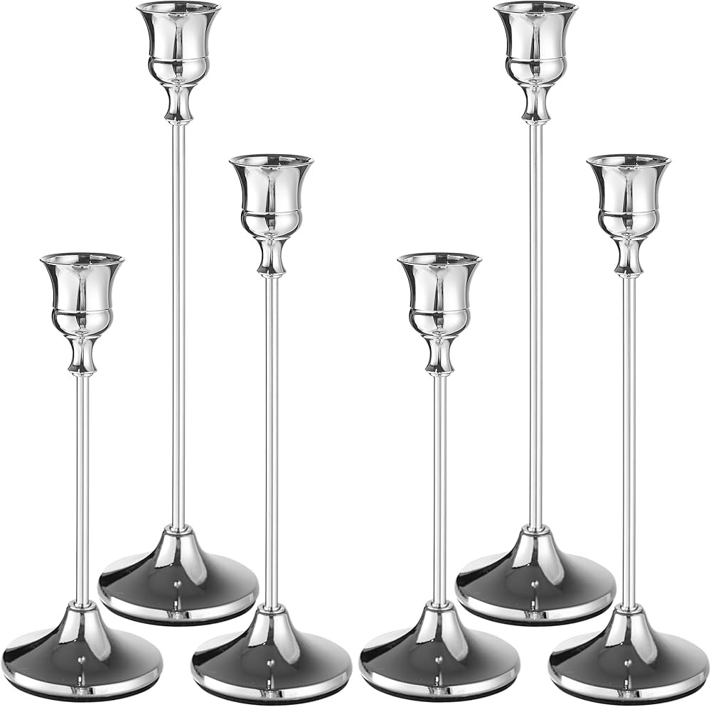 Candlestick Holders Taper Candle Holders, Set of 6 Candle Holder Set, Silver Candlestick Holder Set, Vintage Table Centerpiece for Wedding Christmas Holiday | Amazon (US)