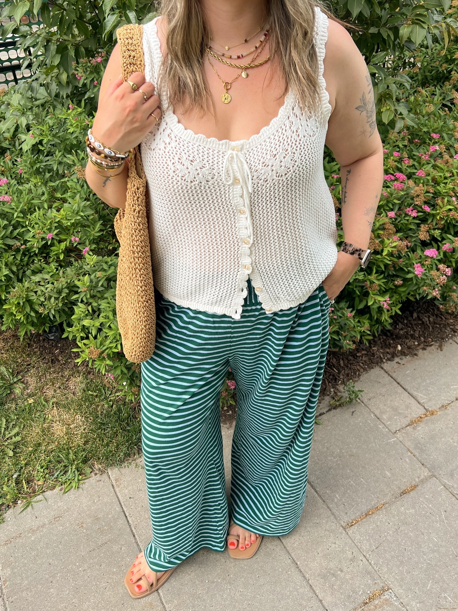 Casual summer outfit! Wearing my usual size L in both the striped pants and crochet tank. Tank is low stock so I linked similar! I’m a 9.5-10 shoe and wear a 10 in the crocs sandals (Canadian crocs link under “similar products”)

#LTKsummer #LTKsale #LTKmidsize