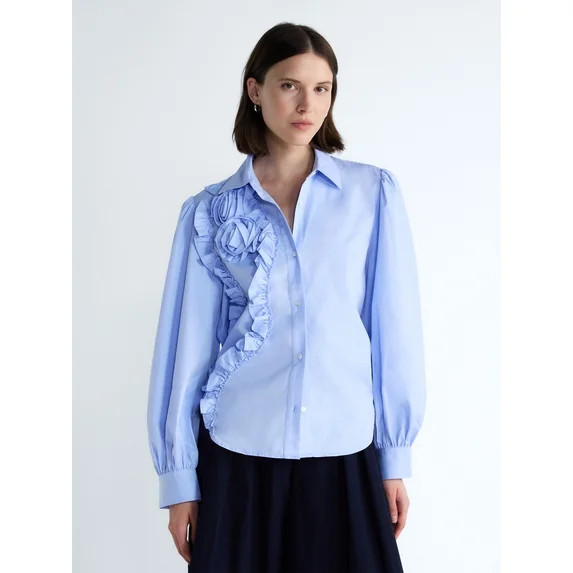 Free Assembly Women's and Women's Plus 3D Floral Cotton Shirt with Long Sleeves, Size XS-4X | Walmart (US)