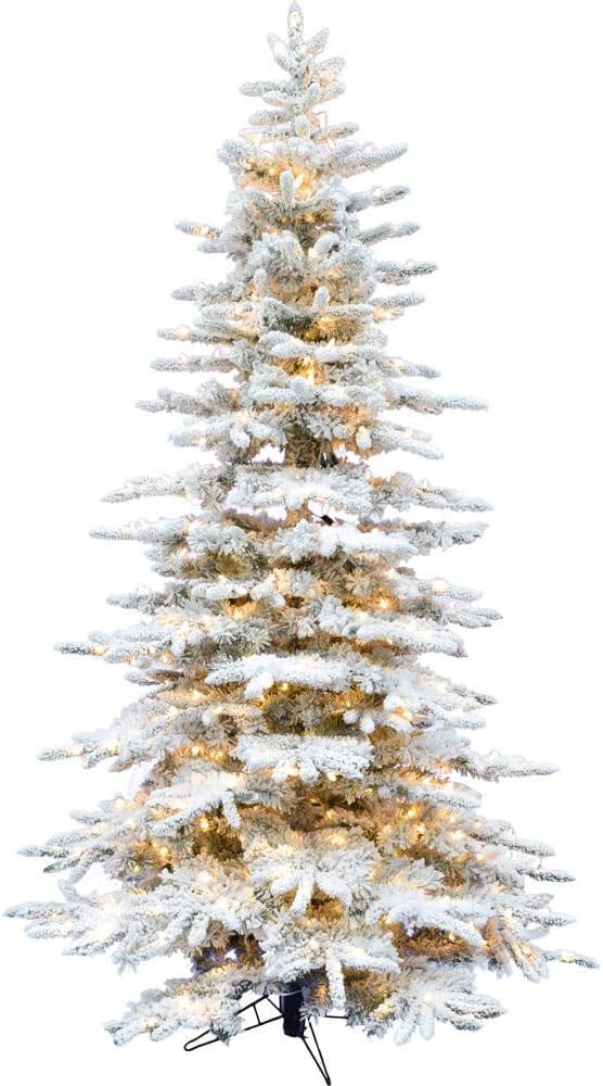 Fraser Hill Farm 6.5-Feet Pre-Lit Mountain Pine Snow Flocked Artificial Christmas Tree with Warm ... | Amazon (US)