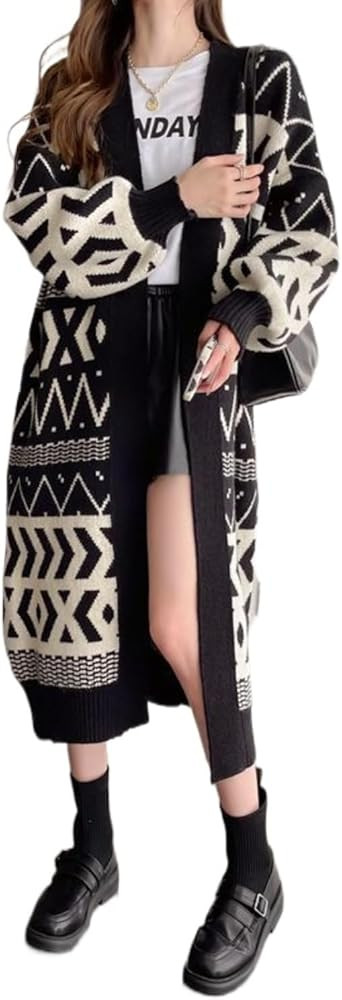 Women's Open Front Tribal Aztec Print Long Knitted Cardigan Coat Western Hippie Clothes Grunge Gr... | Amazon (US)