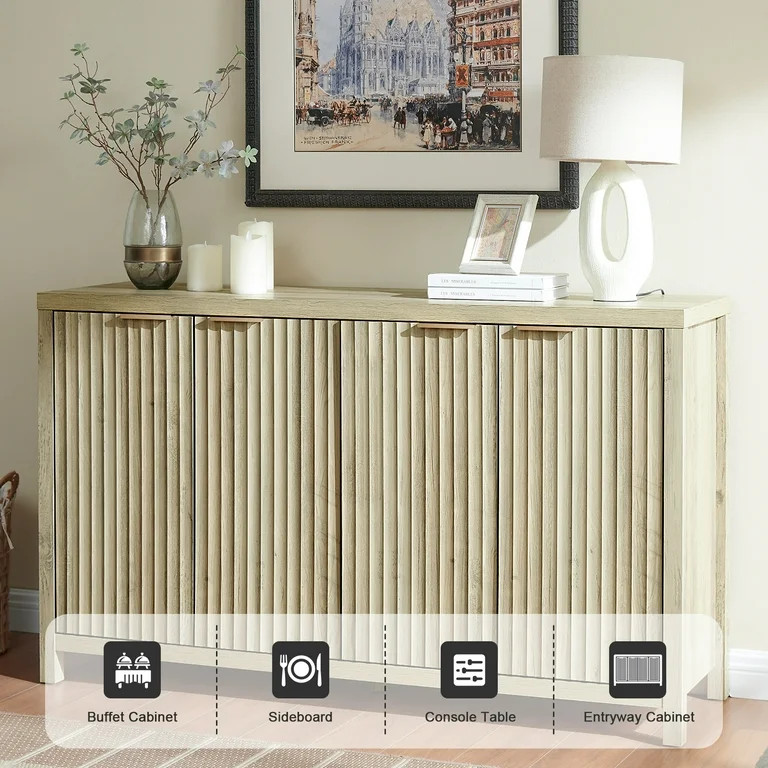 OAKHAM 4 Door Storage Cabinet Fluted Sideboard Large Buffet with Adjustable Shelves, Modern Accen... | Walmart (US)