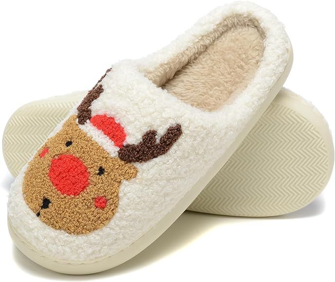 LIONPARK Women Christmas Elk Xmas Slippers: Red Moose Cute Cartoon Fuzzy Warm House Men Slippers ... | Amazon (US)