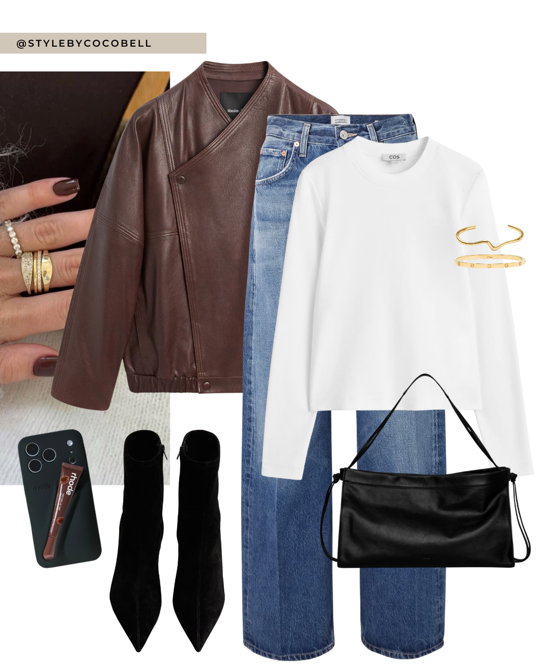 brown leather jacket, wrap leather jacket, dark brown leather, COS white long sleeve top, straight leg blue jeans, high waisted denim, black pointed ankle boots, black shoulder bag, everyday chic outfit, minimalist fall outfit, classic wardrobe staples, effortless street style, neutral layering, timeless basics 

 #LTKspring