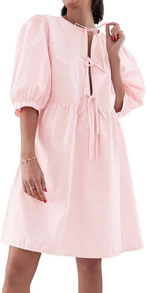 BAIGRAM Women Y2K Babydoll Peplum Dress Puff Sleeve Bow Tie Front Summer Cute Trendy Low Cut Blou... | Amazon (US)