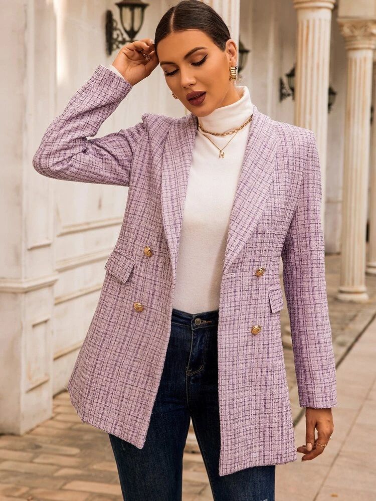 Plaid Shawl Collar Double Breasted Blazer | SHEIN