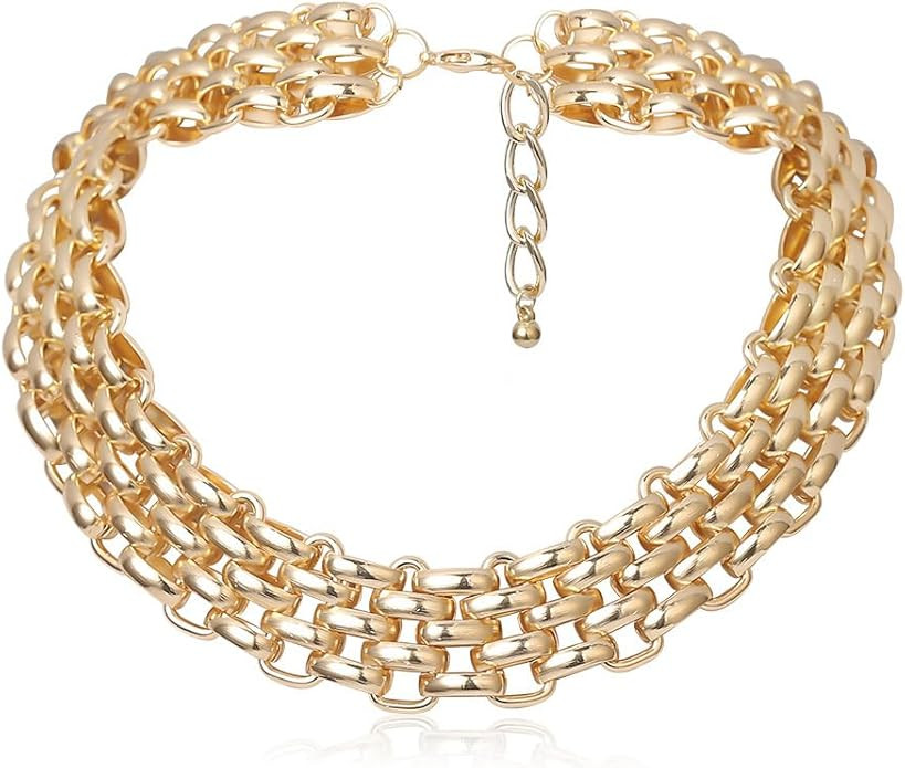 Layered Chain Necklace, Gold Tone Metal, Chunky Link Statement Choker, Punk Style Collar Necklace... | Amazon (US)