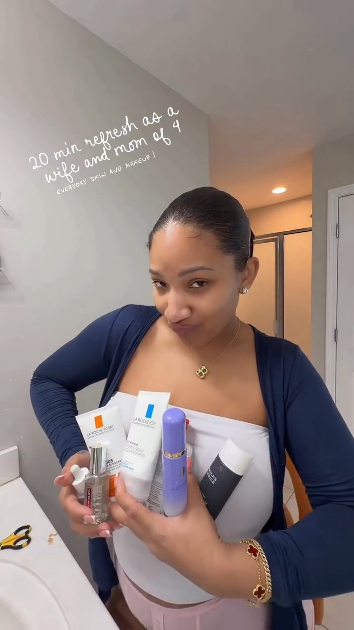 Small but MIGHTY moments of beauty 💫✨
everything I used:
Comment SHOP and I’ll DM you a link with everything I used ❤️
Cleanser:
@larocheposayusa Gentle Foaming
Cleanser
Exfoliation: @paulaschoice Liquid Exfoliant
@tatcha Dewy Skin Mist
@thayers Hydrating Milky Toner
Paula’s Choice Collagen Peptide Firming Eye
Serum
@alaninutrition ofc
LP Sunscreen
LP Double Repair Moisturizer
@blackgirlvitamins Probiotic and Daily @lemme 
GLOW @lorealparis True Match Concealer @elfcosmetics Hydrating Camo Concealer
@merit Beauty Rouge Blush L’Oréal Extensionist @lauramercier Honey
Translucent Powder L’Oréal Plump Ambition - Worth It @lagirlcosmetics @olaplex #skin #hair #makeup #mom #routine @ultabeauty @sephora