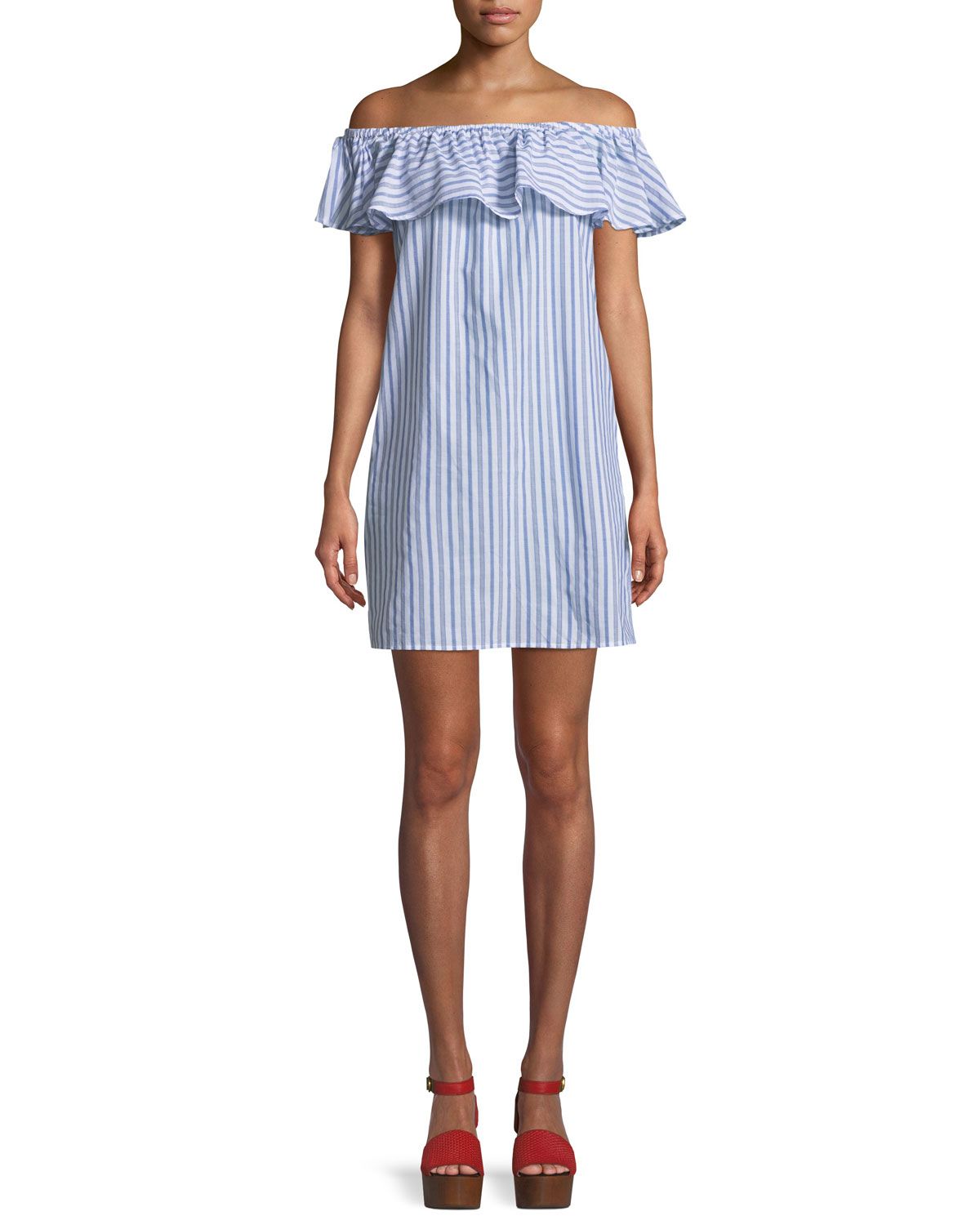 Ticking Stripe Off-Shoulder Ruffle Mini Dress | Neiman Marcus
