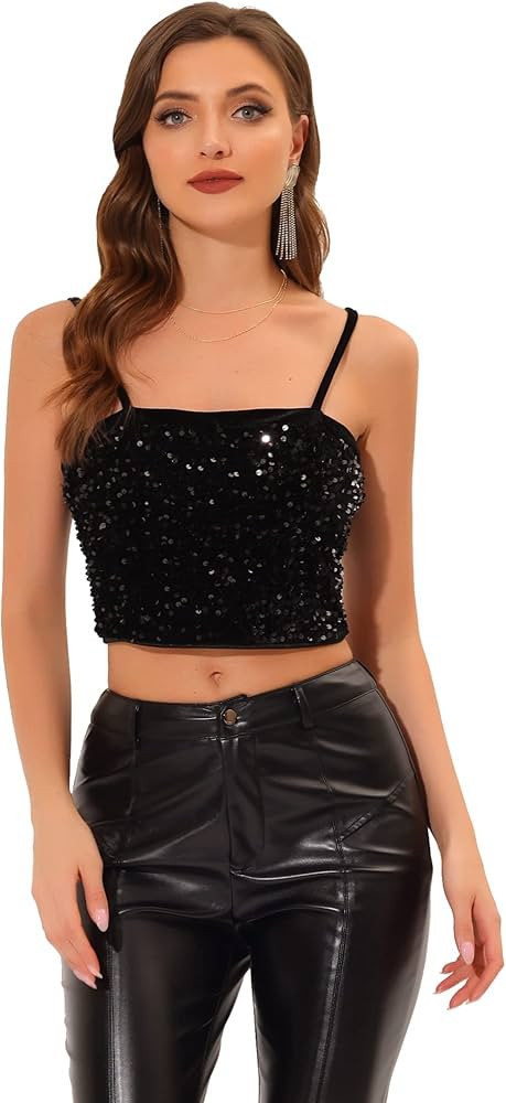 Allegra K Sequined Cami Top for Women's Velvet Spaghetti Strap Club Party Crop Tank Tops | Amazon (US)