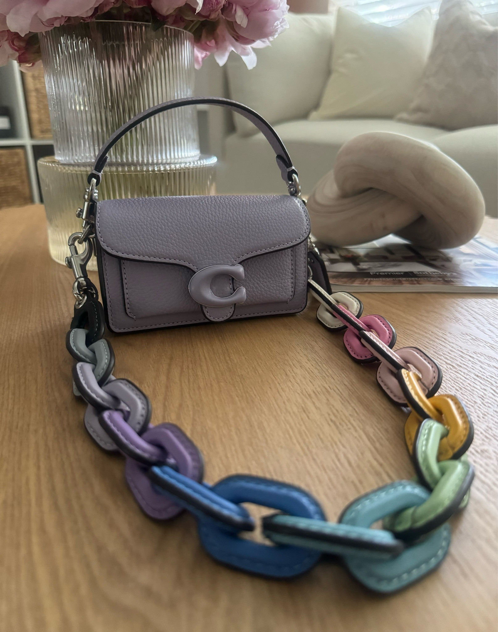 Coach Tabby 12 in Soft Purple paired with multi colored leather chain strap.