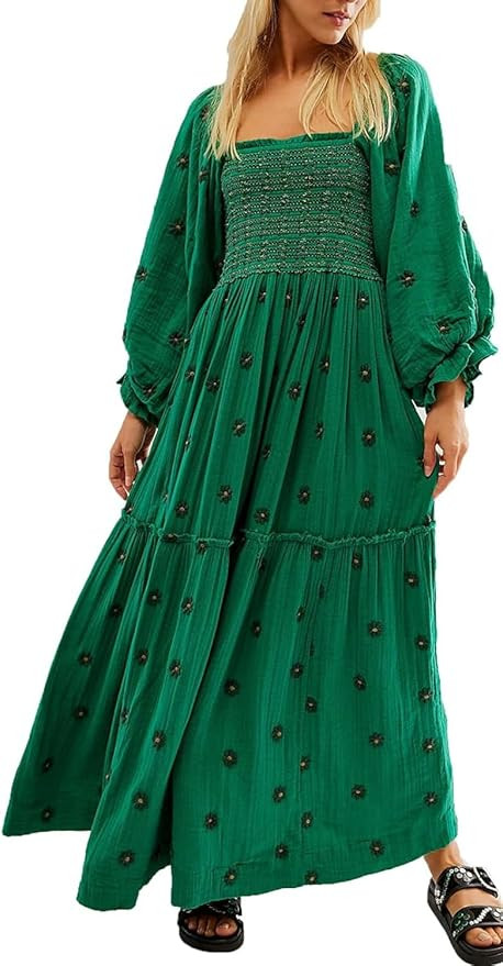Willow Dance Women Casual Bohemian Floral Dress Square Neck Ruffle Swing A Line Long Sleeve Beach... | Amazon (US)
