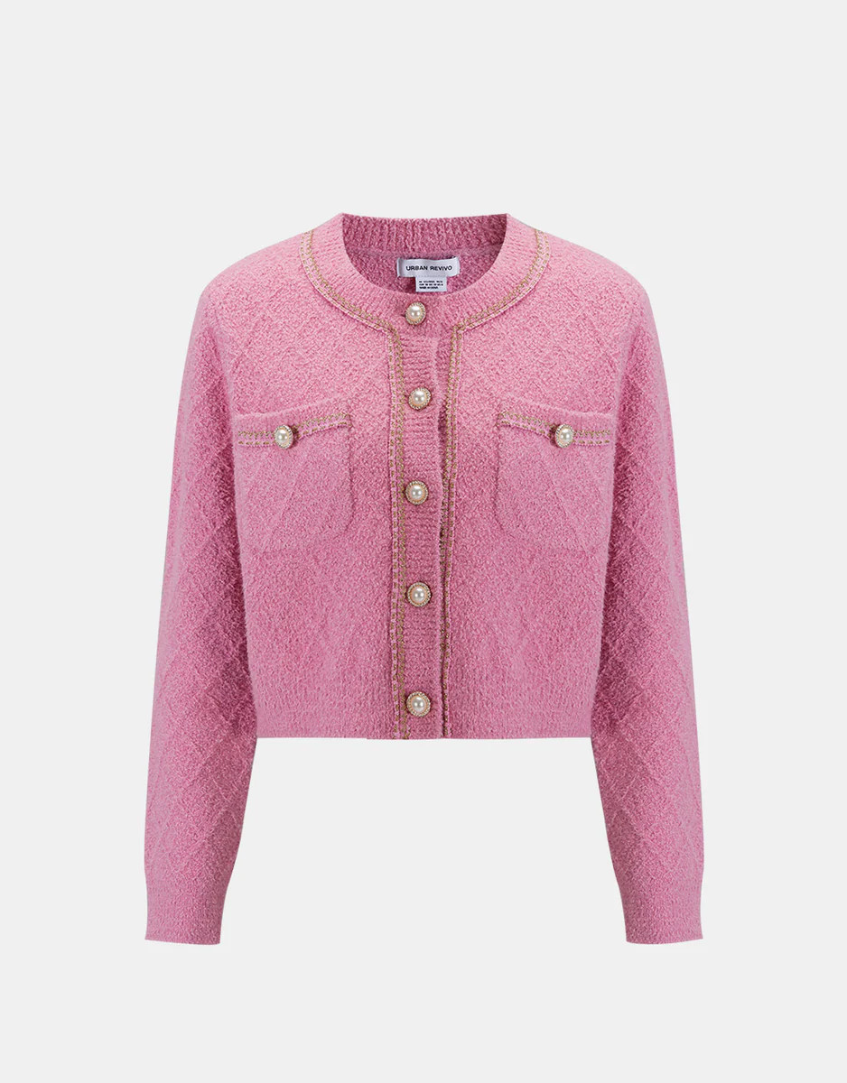 Fluffy Contrast Trim Faux Pearl Button Cardigan | Urban Revivo