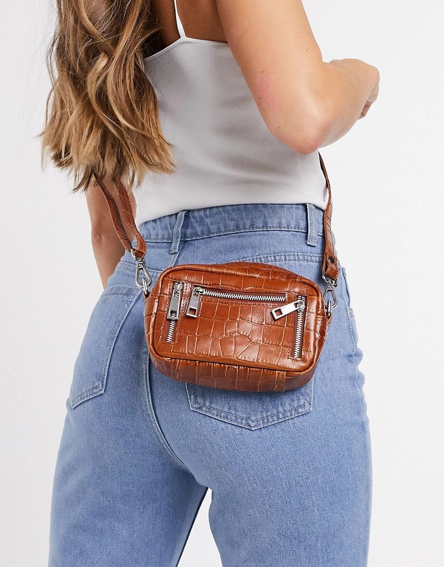 Nunoo Brenda leather double zip cross body bag in brown croc | ASOS (Global)