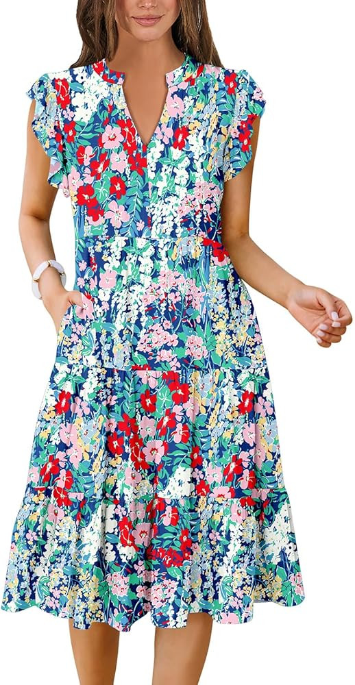 ANRABESS Womens Summer Ruffle Sleeve V Neck Midi Dress 2024 Fashion Casual Fit Flowy Tiered Boho ... | Amazon (US)