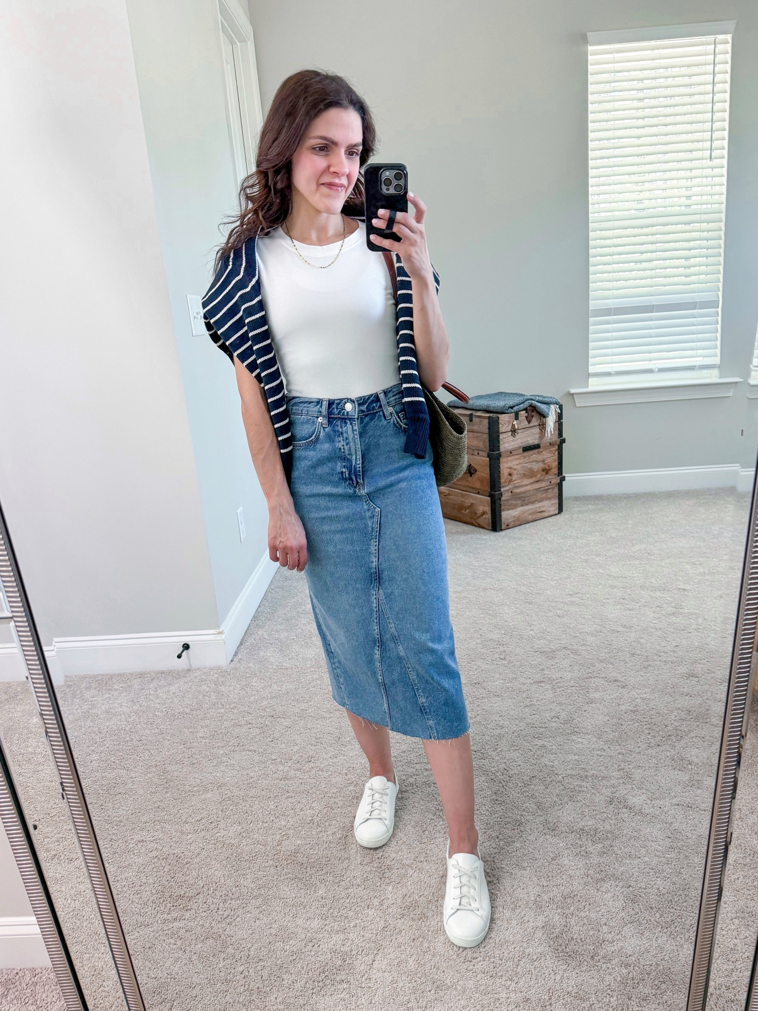 Daily Look | fun way to style a denim midi skirt for Spring | bodysuit, striped sweater, dorsay sneaker, tote bagg

#LTKstyletip