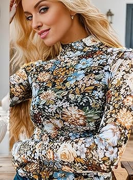 Floral Mesh Long Sleeve Tops for Women Mock Neck See Through Fitted Sexy Going Out Top | Amazon (US)