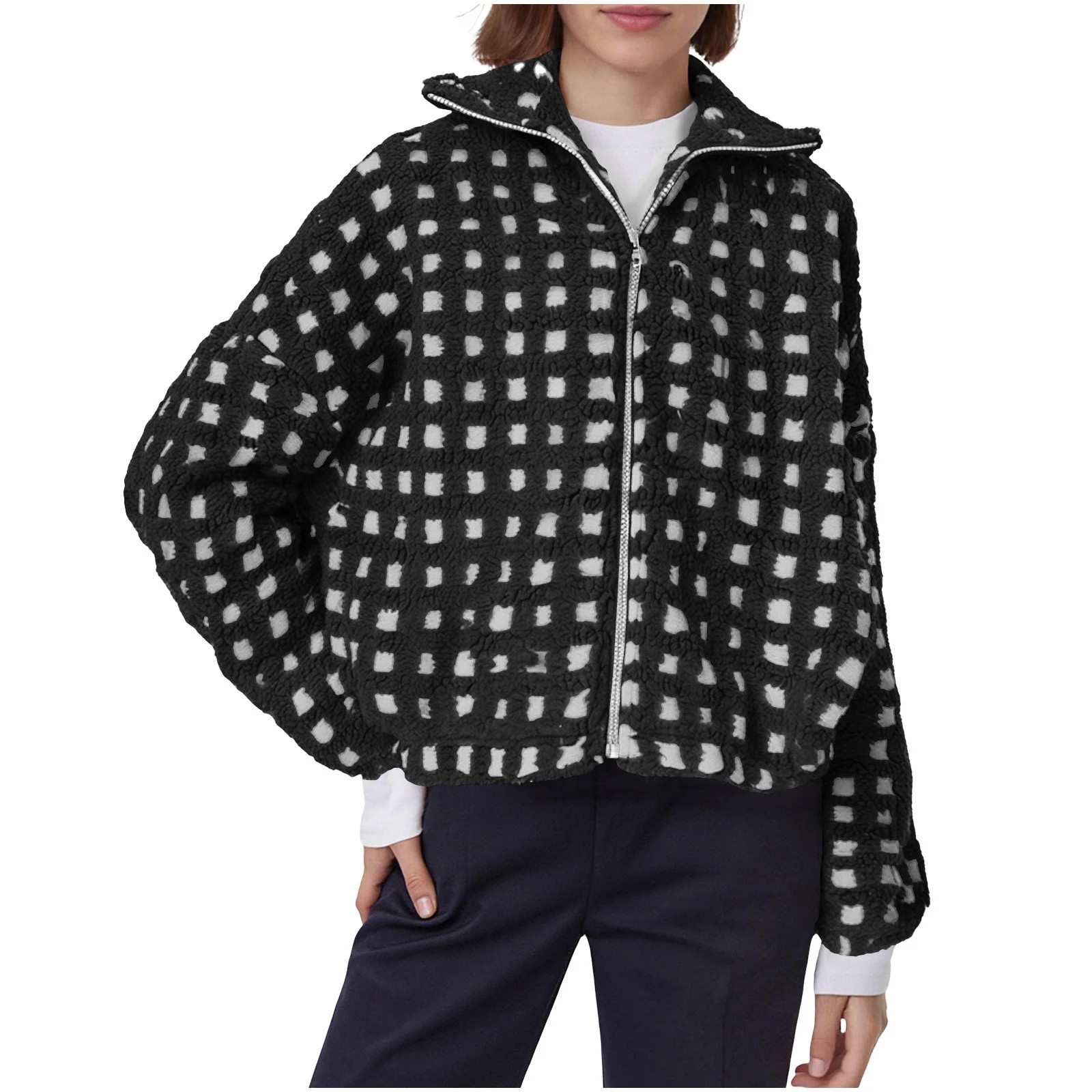 Womens Polar Fleece Jacket Full Zip Up Stand Collar Plaid Coat Long Sleeve Lightweight Casual Fal... | Walmart (US)