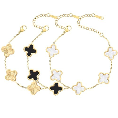 AIPPK 18K Gold Plated Clover Bracelet Set for Women Four Leaf Lucky Flower Bracelets Fashion Simple Jewelry Gifts for Women 3Pcs (White+Black+Gold) | Amazon (US)
