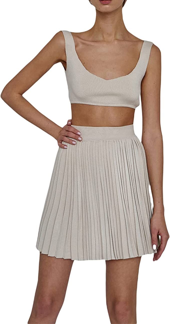 Women Skirt Sets, Women Fashion 2-Piece Outfit Set Sleeveless Tops+Pleated Skirt Set for Ladies F... | Amazon (US)