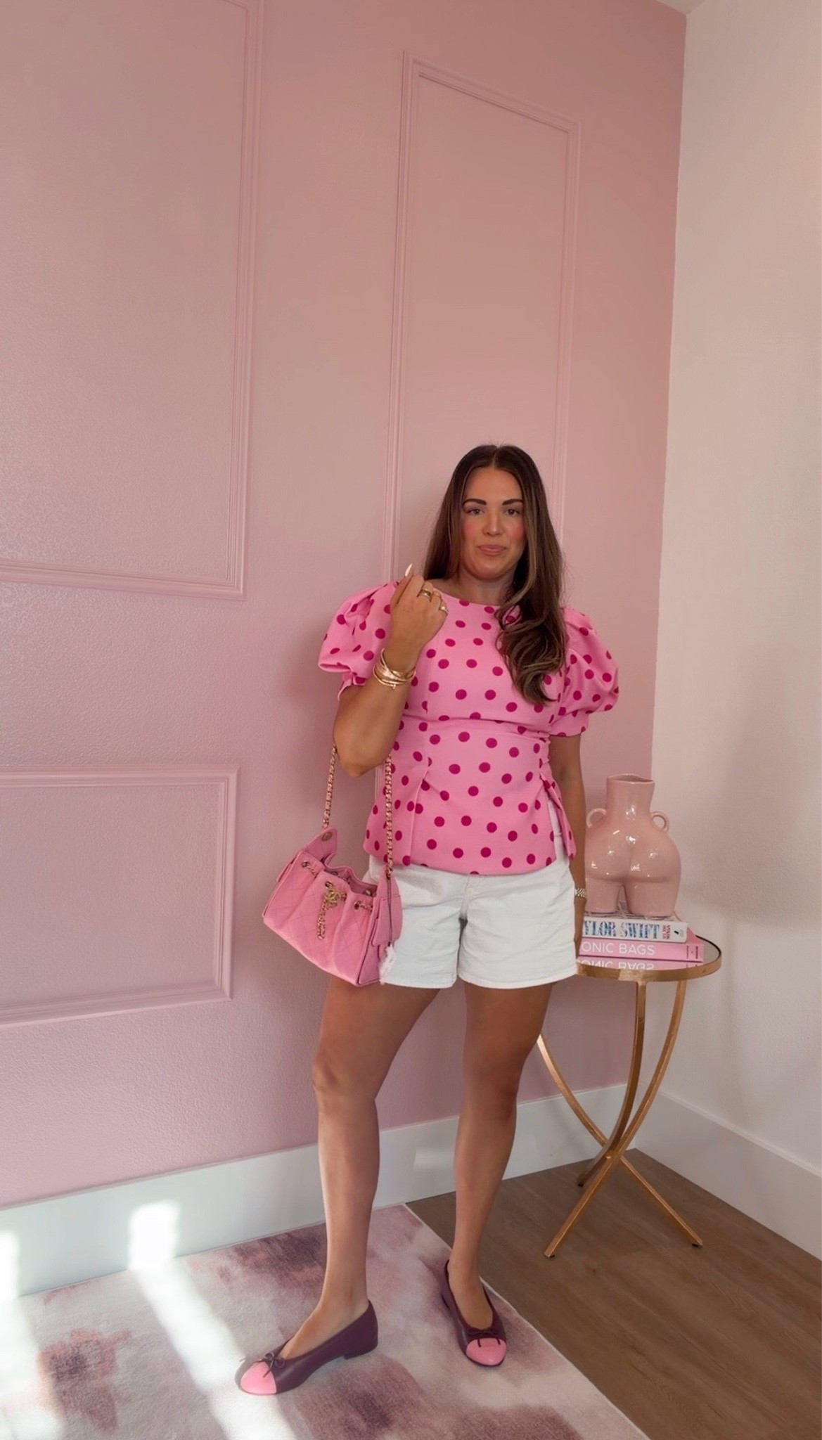 curvy midsize pink spring look! wearing size large in pink two tone polka dot top and size 30 in white denim shorts! flats and bag are Chanel 💕

#LTKSeasonal #LTKMidsize