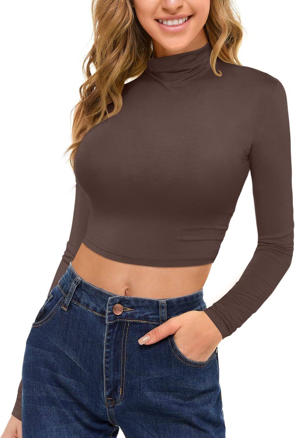 MSBASIC Womens Long Sleeve Turtleneck Crop Top Basic Slim Fit Crop T-Shirt | Amazon (US)