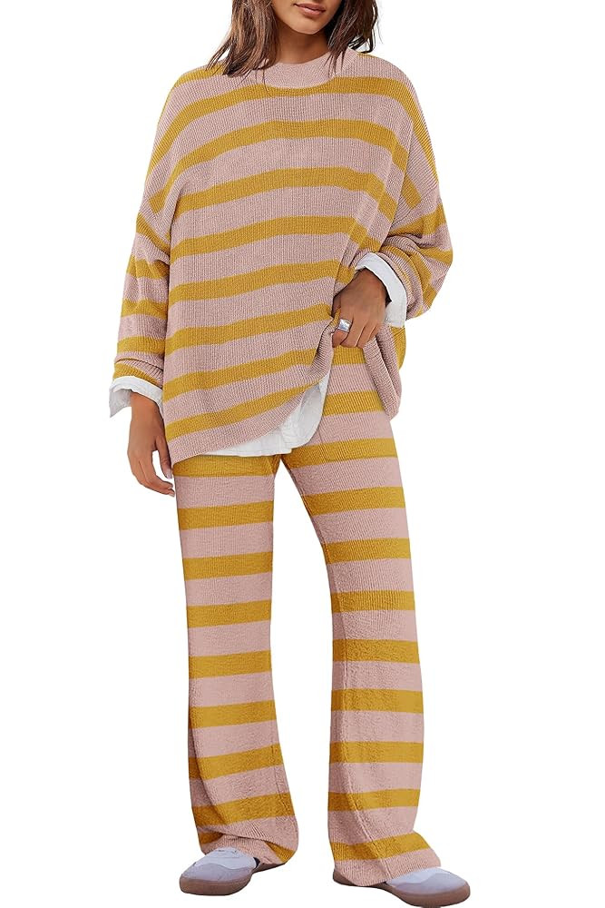 Panadila Womens Oversized Lounge Sets Striped Sweater Set 2 Piece Pajama Set Long Sleeve Top and ... | Amazon (US)