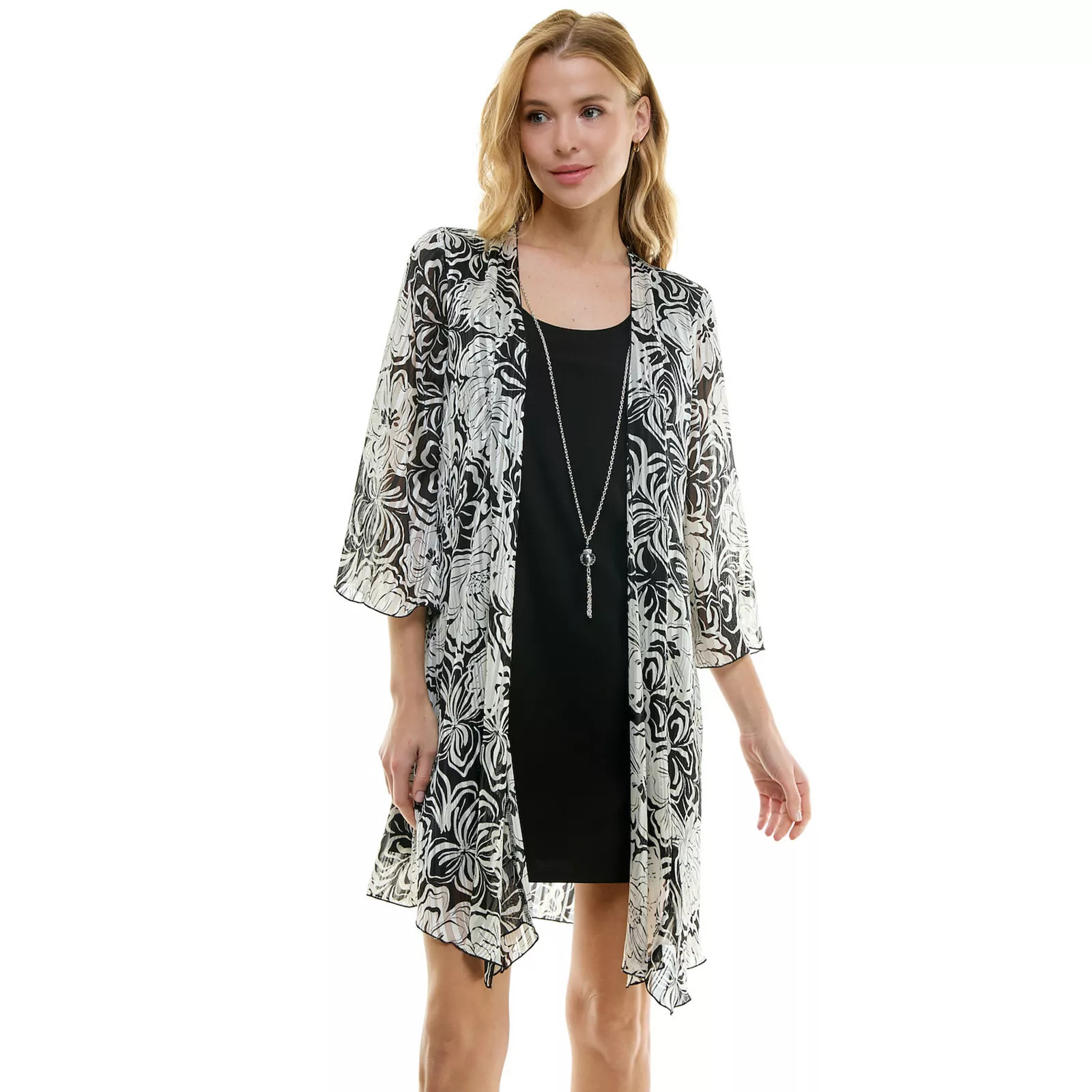 Women's Luxology 2-Piece Bell Sleeve Jacket & Drop Collar Dress Set, Size: Large, Black Ivory | Kohl's