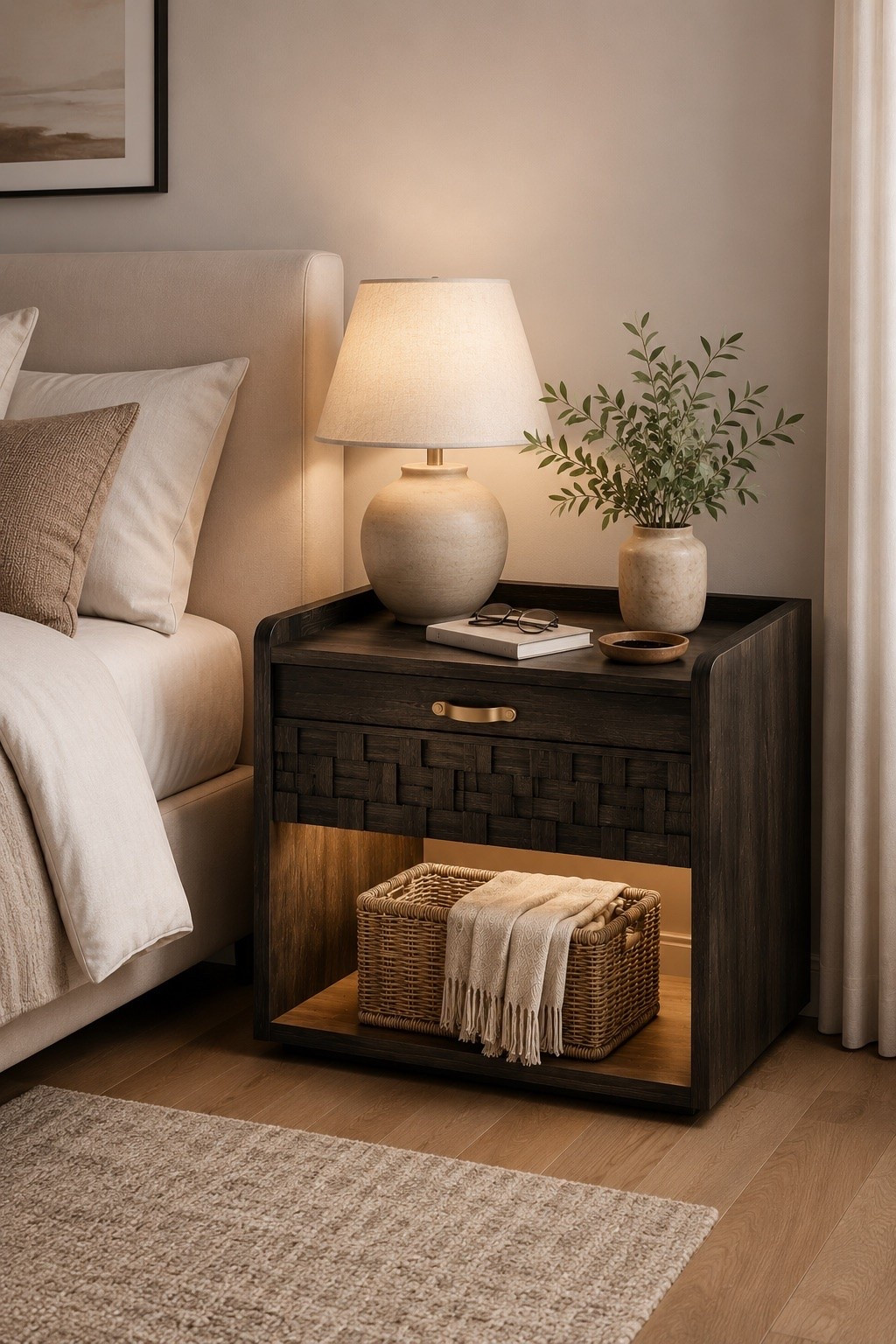 This oversized nightstand will completely change the look of a room. 🤎 The dark wood finish, hidden storage, open shelf, and cozy styling details make it feel much more custom than a basic bedside table. I also love that it adds extra function without taking away from the warm, relaxing bedroom vibe.

#LTKHome #BedroomDecor #NightstandDecor #HomeStyling #BedroomInspo #NeutralHome #CozyHome #HomeFinds #AmazonHome #BedroomRefresh