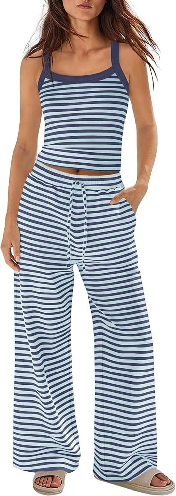Panadila Womens Two Piece Sets Summer Striped Lounge Set Spaghetti Strap Tank Top Drawstring Pant... | Amazon (US)