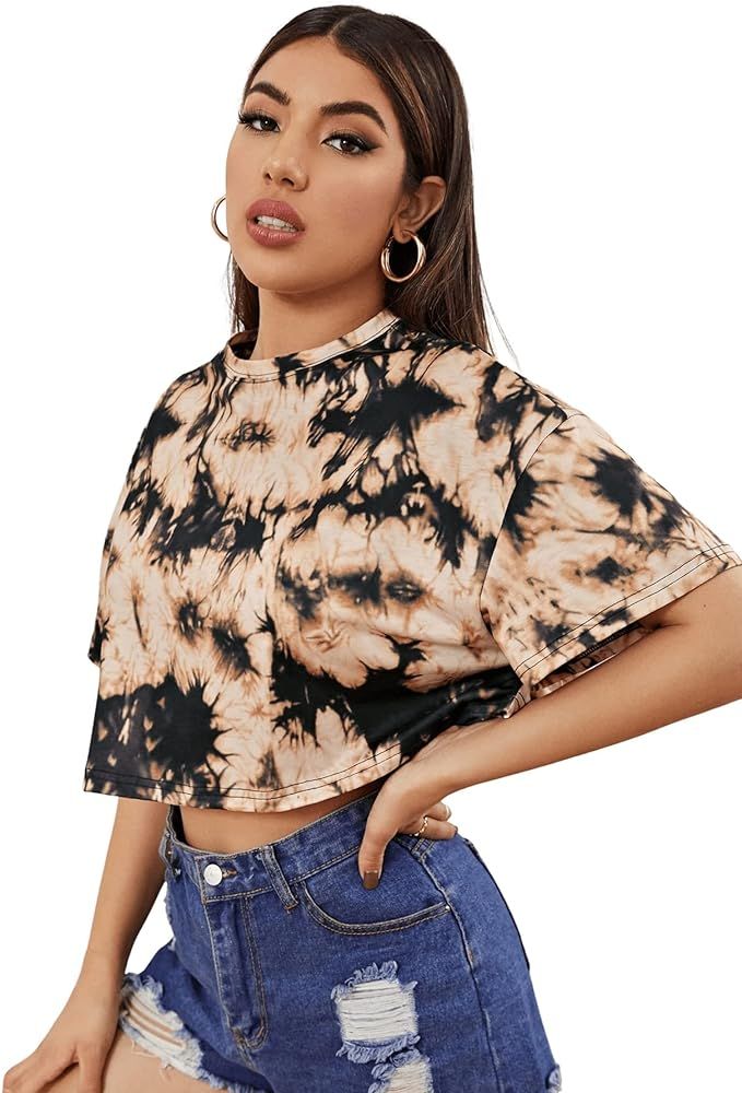 SweatyRocks Women's Casual Loose Short Sleeve Tie Dye Printed Crop Top T-Shirt | Amazon (US)