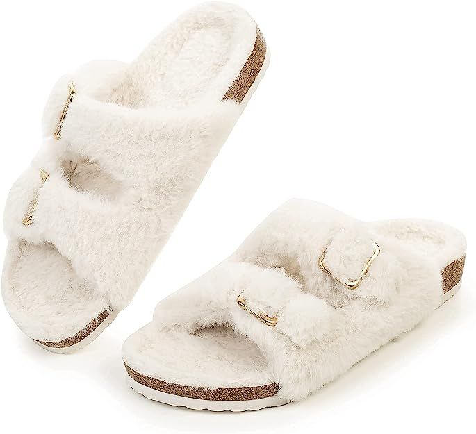 FITORY Womens Open Toe Slipper with Cozy Lining,Faux Rabbit Fur Cork Slide Sandals Size 6-11 | Amazon (US)