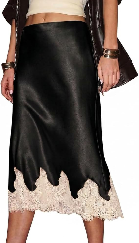 Yimoon Satin Skirts for Women Silk Midi Skirt Lace Trim Flowy Cocktail Party A Line Skirt | Amazon (US)