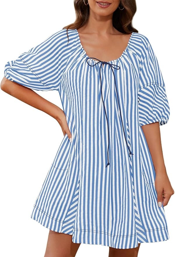utcoco Womens Summer Casual Striped Mini Dress Puffy Half Sleeve Beach Vacation Boho Swing Tunic ... | Amazon (US)