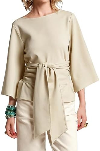 Women's Waist Belted Blouse Crew Neck 3/4 Trumpet Sleeve Casual Tunic Loose Fit Tops | Amazon (US)