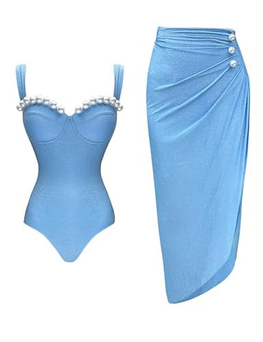 FLAXMAKER Black Double Shoulder Straps Chest Pearl One Piece Swimsuit and Skirt (M,Blue Swimsuit and Skirt) | Amazon (US)