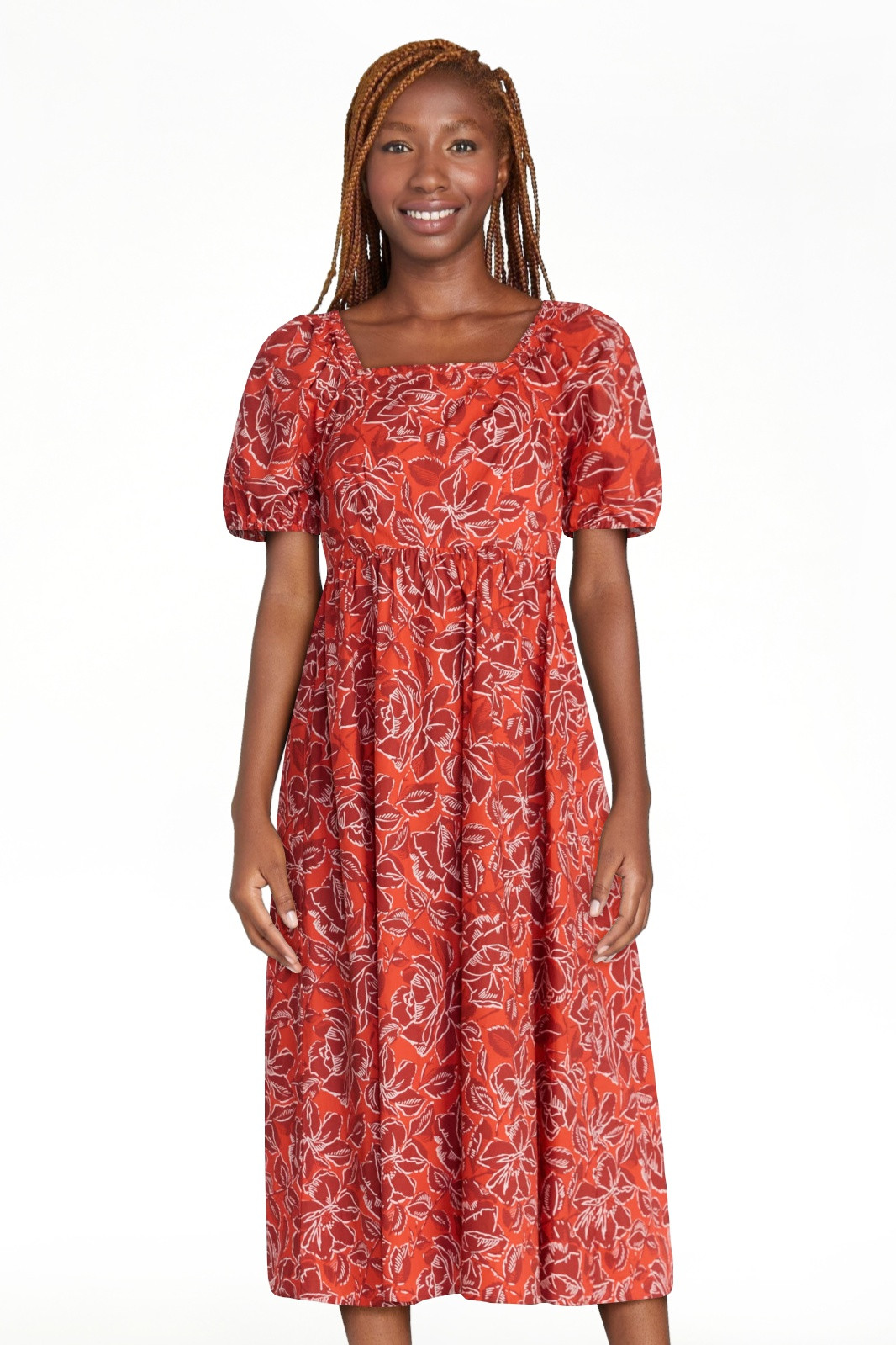 Time and Tru Women's Tie Back Cotton Midi Dress with Short Puff Sleeves, Sizes XS-XXXL | Walmart (US)