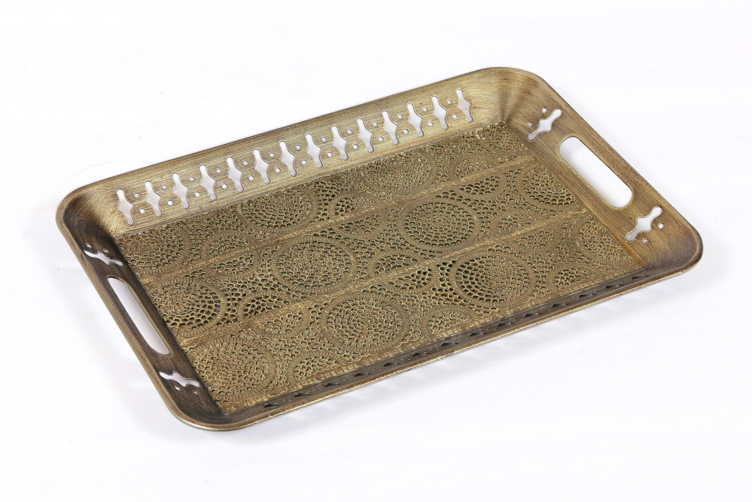 Sturdy 16" Rectangular Decorative Metal Serving Tray - Champagne Gold with Filigree Decor for Cof... | Amazon (US)