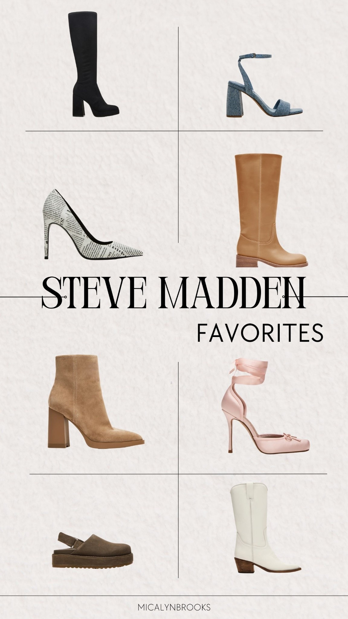 Steve Madden has the best mix of trendy + timeless shoes for every season 👠✨ I pulled together my current favorites that are perfect for fall outfits, date nights, workwear, and even casual weekend looks.

🖤 Black knee-high boots – the ultimate statement boot for dresses, skirts, or styled over skinny jeans.
👖 Denim block heel sandals – a unique twist on a classic heel, perfect with wide-leg trousers or a simple dress.
📰 Printed pumps – chic pointed-toe heels with a newspaper-inspired design for an edgy office-to-evening look.
🤎 Tan suede ankle boots – a fall staple that pairs effortlessly with denim, skirts, or cozy knits.
🥛 Neutral tall boots – classic and versatile, perfect with sweater dresses or layered fall looks.
🎀 Satin pink heels – feminine and fun, ideal for weddings, date nights, or a special event.
☁️ Chunky clogs – comfortable yet stylish, easy to slip on with leggings or jeans for an everyday outfit.
🤍 White western boots – trendy but timeless, giving that coastal cowgirl vibe with dresses or denim.

Each of these Steve Madden shoes can be styled multiple ways and make great additions to your fall capsule wardrobe. Linked all my favorites so you can shop directly and grab the pairs that fit your style best!

#LTKWorkwear #LTKStyleTip #LTKFallSale