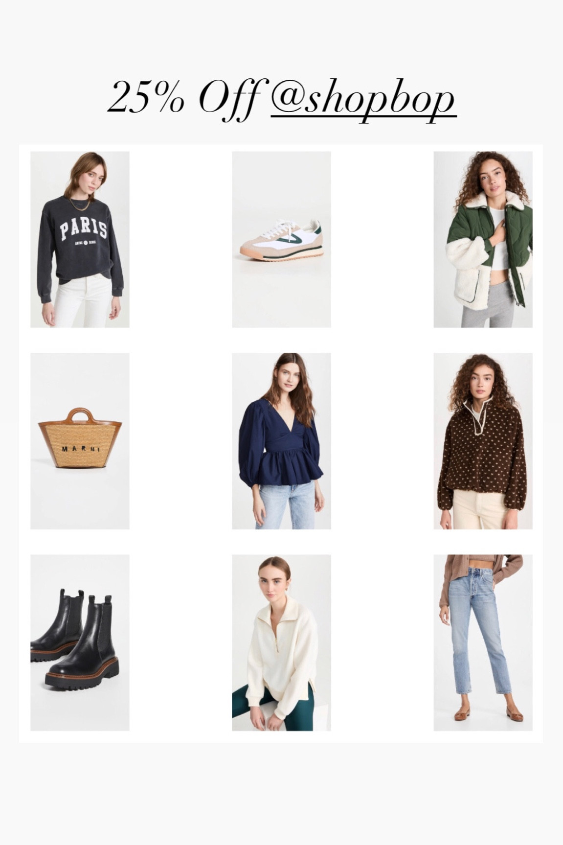 25% off at Shopbop including Anine Bing, Marni, Staud, The Great, Sam Edelman, Cotizens



#LTKHoliday #LTKCyberWeek #LTKGiftGuide