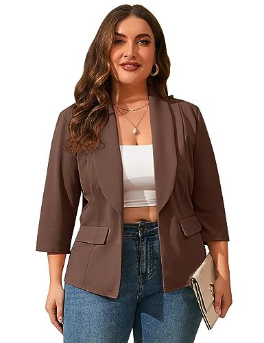 ShopWonder Womens Plus Size Casual Pocketed Blazer Office Open Front 3/4 Sleeve Cardigans Jacket Work Suit Brown XL | Amazon (US)