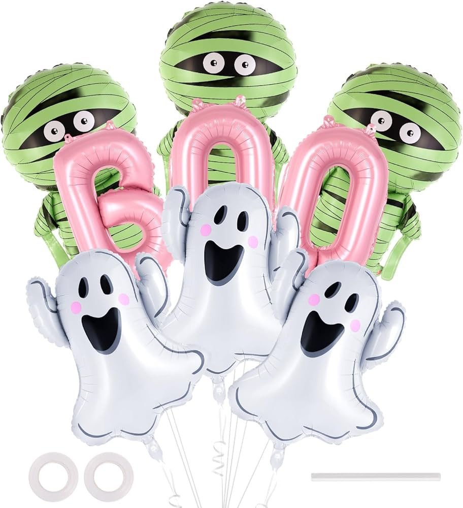 9 Pcs Halloween Ghost Mylar Balloons, Large Mummy Aluminum Balloon, Halloween Pink BOO Foil Ballo... | Amazon (US)